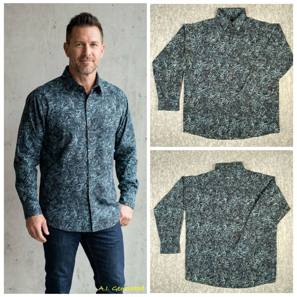 Pete Huntington Handcrafted Bali Hawaiian Style Long Sleeve Shirt XL 100% Cotton